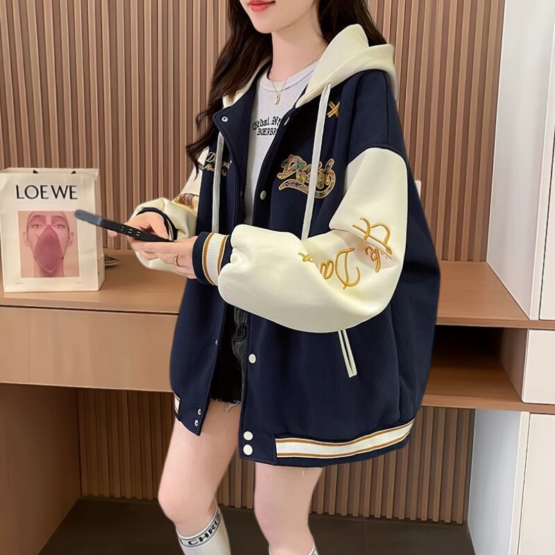美式拼色刺绣棒球服外套女春秋款宽松洋气初高中生高级感连帽上衣