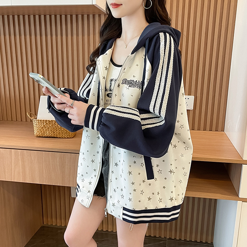少女洋气撞色连帽棒球服外套女春秋季宽松休闲初高中学生开衫上衣