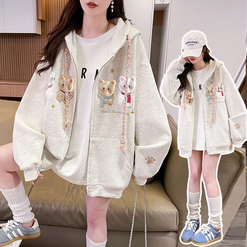 少女美式复古卡通刺绣连帽卫衣外套2026春装新款初高中生休闲开衫