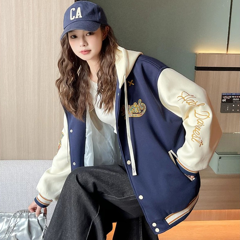少女拼色连帽棒球服女美式复古刺绣夹克上衣韩版宽松休闲学生外套