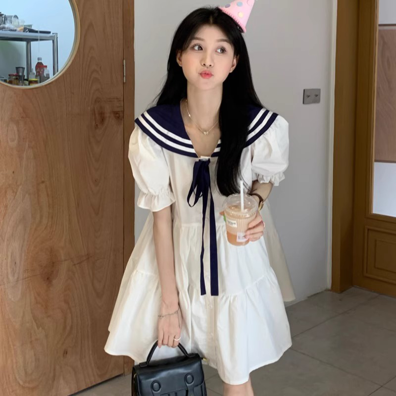 宽松女款连衣裙蓝色夏季2026新款洋气小个子收腰显瘦白色A字裙子
