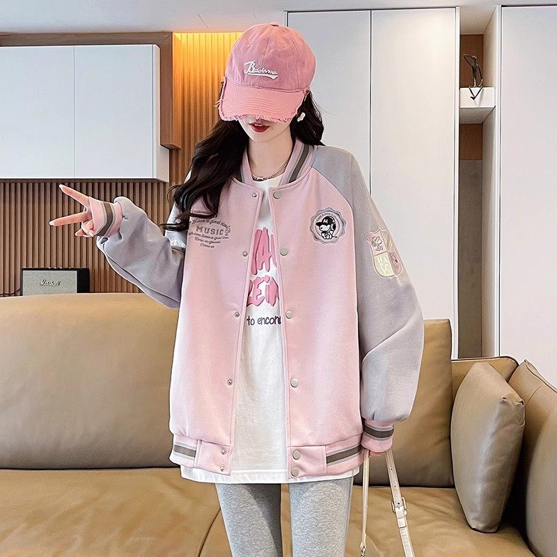 美式刺绣棒球服女春秋季拼色外套2025新款初高中学生大童夹克上衣