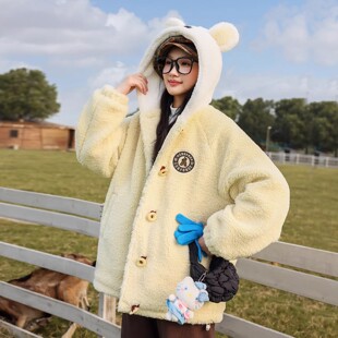 初中生仿羊羔毛外套秋冬款2025新款少女宽松洋气保暖连帽高中学生
