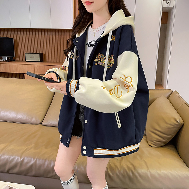 美式拼色刺绣棒球服外套女春秋款宽松洋气初高中生高级感连帽上衣