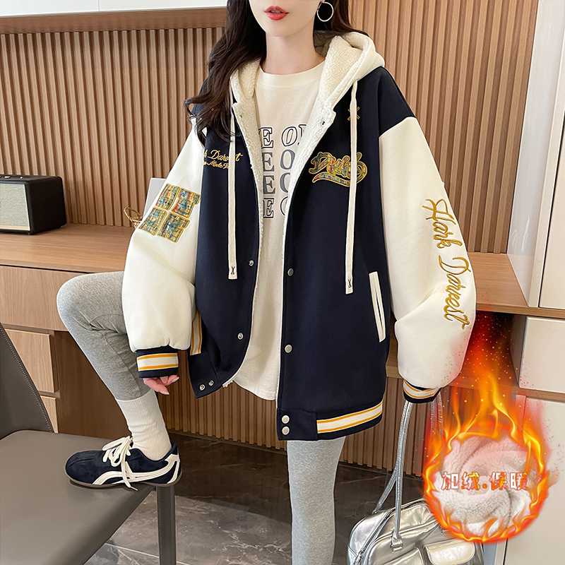 美式拼接棒球服外套女秋冬季2026新款宽松复古休闲加绒加厚棉服