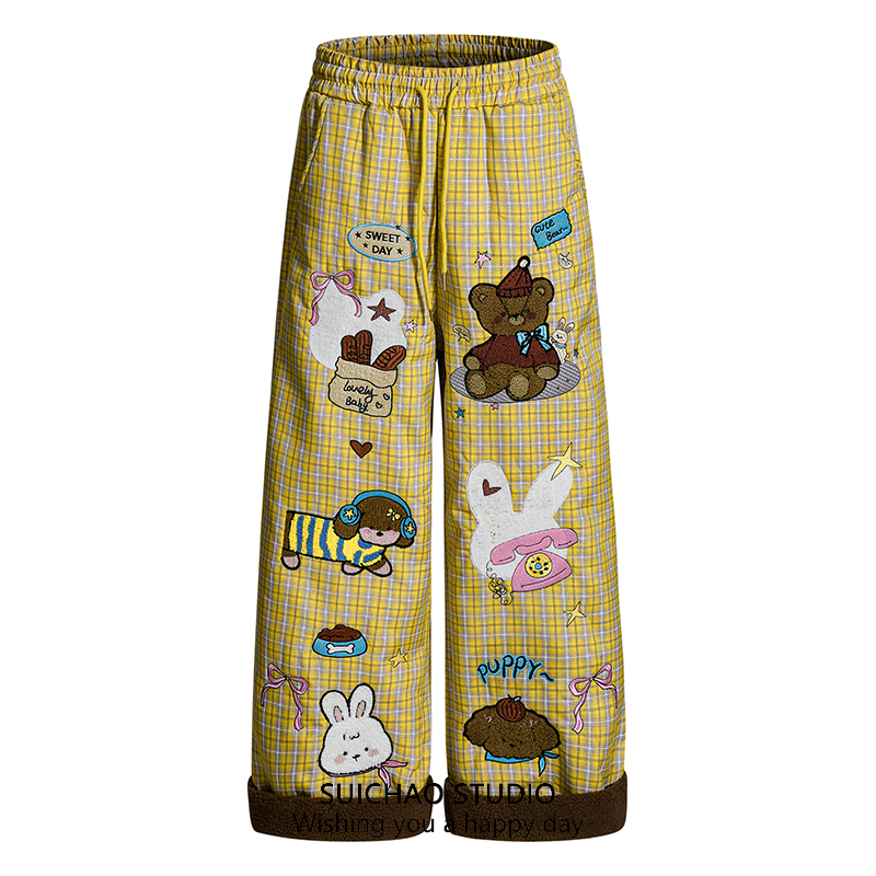 美式卡通小熊植绒格子加绒休闲裤