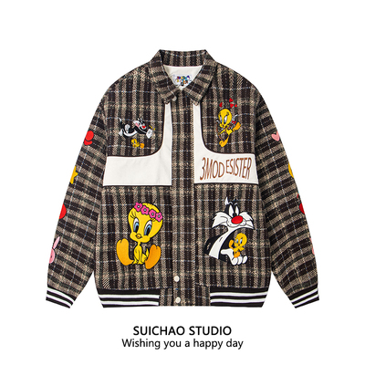 美式复古冬季格子刺绣夹克棉服