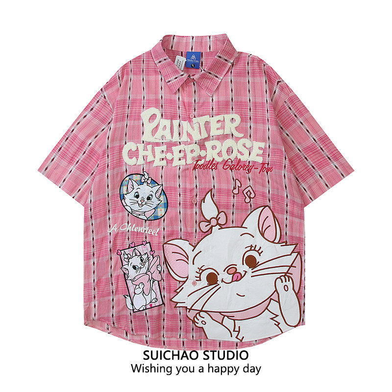 SUICHAO美式复古卡通小猫刺绣短袖衬衫男女校园风青春活力衬衣TEE