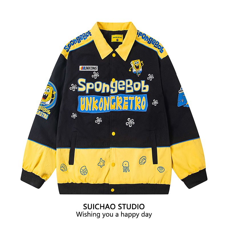美式复古风卡通海绵宝宝拼接夹克