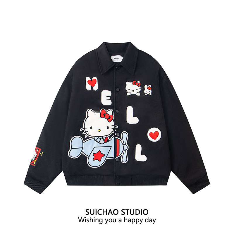 SUICHAO 美式复古KT猫拼皮刺绣夹克棒球服男休闲童趣宽松棒球棉服