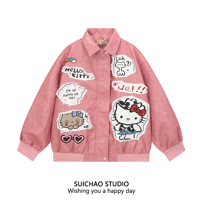 美式卡通KT猫贴布刺绣PU皮夹克