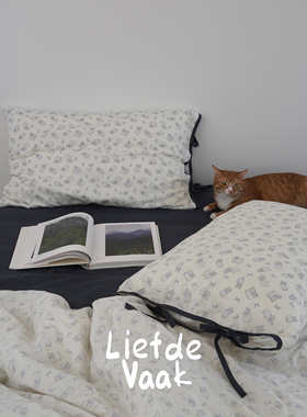 频繁热爱 【momo】猫咪全棉被套柔软纯棉四件套绑带枕套蓝色床品