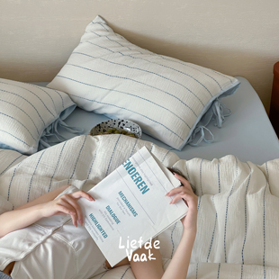 Liefde vaak「弥野」皱皱纱蓝色床上四件套全棉绑带夏季清新床品