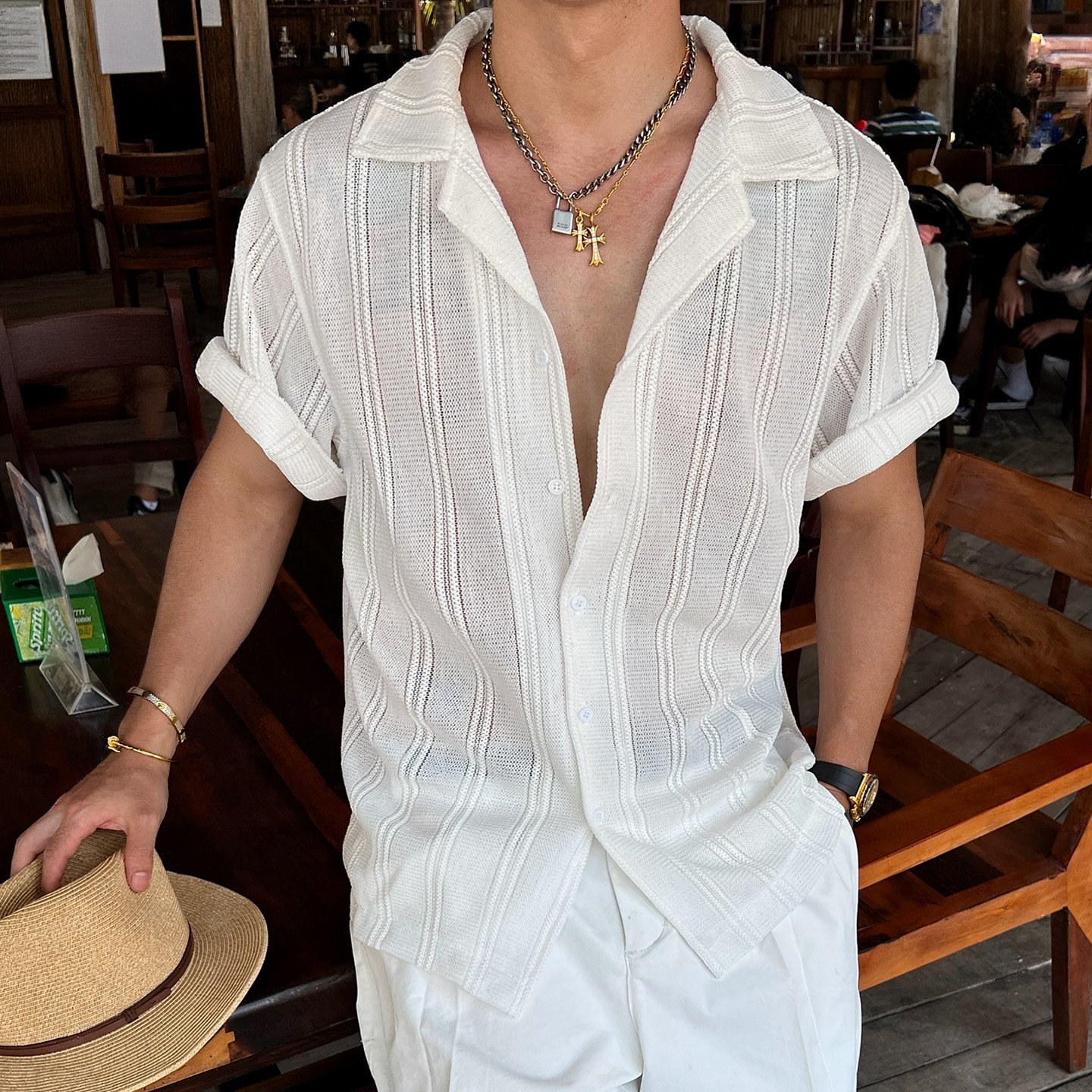 OXFREAK「镂空针织 古巴领」极简纯色短袖衬衫男宽松夏季条纹上衣