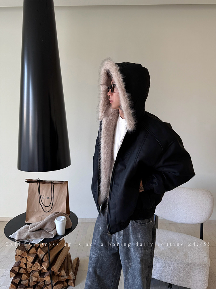 thumbnail for OXFREAK "Aged Frost Deconstructed Design" mountain carved wool collar cotton jacket men's winter fur integrated jacket