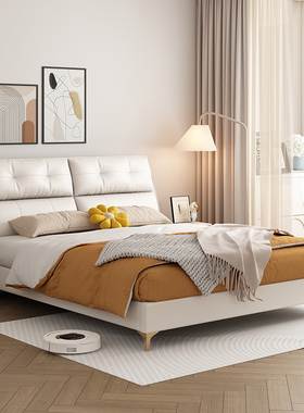 生态真皮太阳花纹皮床双人1.8M主卧婚房软包靠背家用轻奢简约皮床