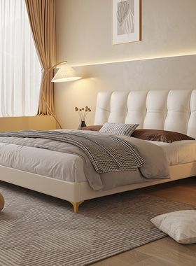 生态真皮太阳花纹皮床双人主卧婚房软包靠背家用高端大气简约皮床