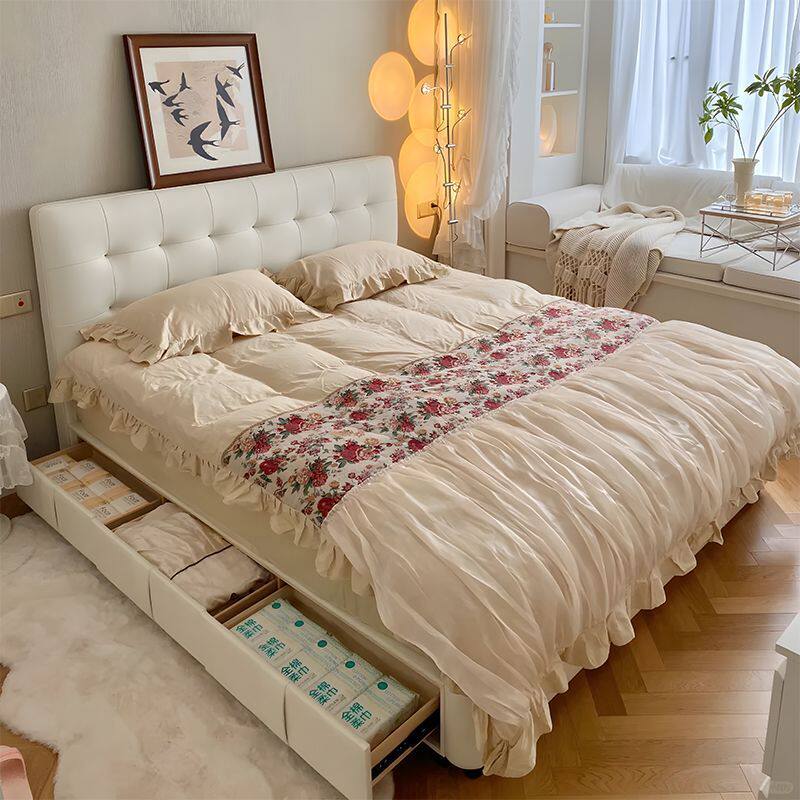 政府补贴奶油风华夫格真皮储物床带抽屉收纳1.8米主卧双人床婚床