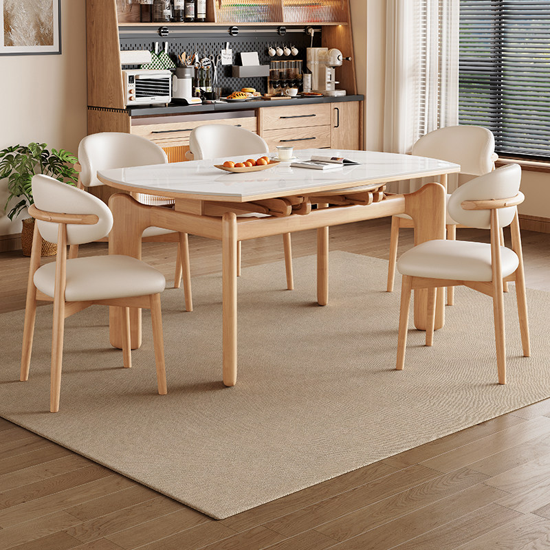 政府补贴实木岩板餐桌椅组合北欧轻奢白蜡木可伸缩变圆桌小户型