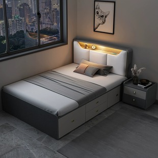 床现代简约1米2单人床女孩1.35小户型高箱储物床柜一体男孩儿童床