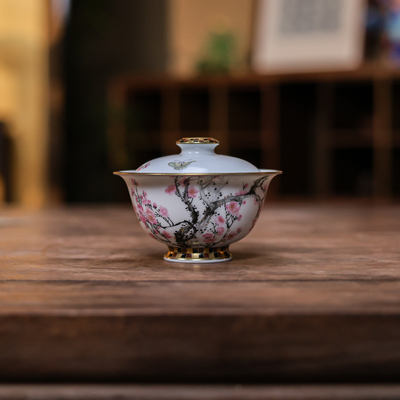 华隐堂珠光月牙白喜梅梅花盖碗