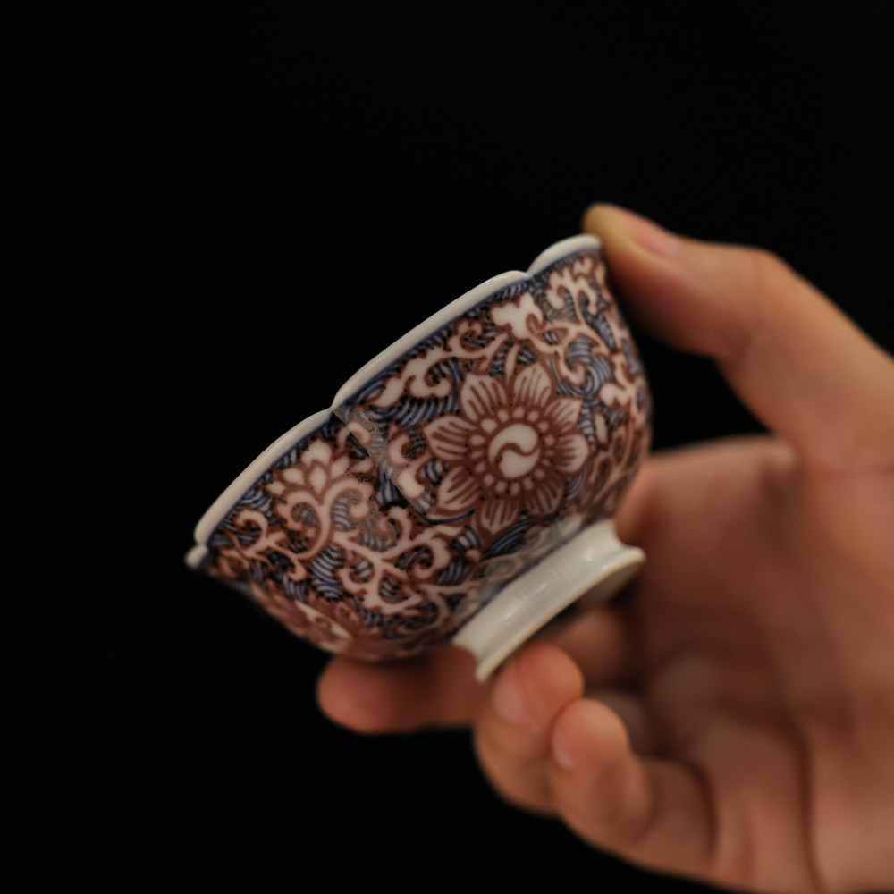 畅怀堂青花釉里红海上生花海棠杯