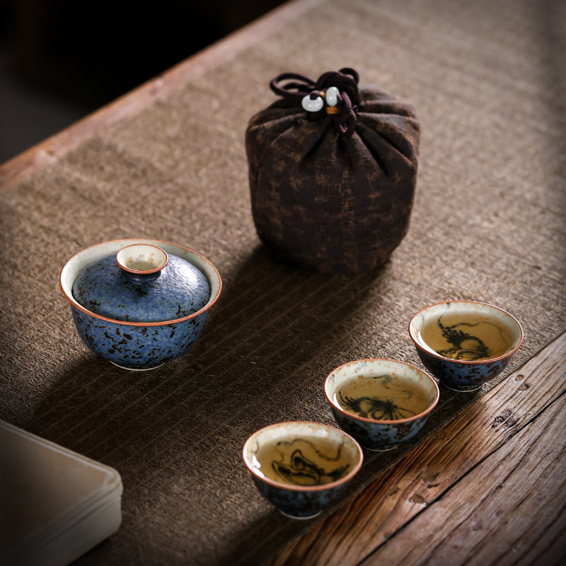 婵韵 熹谷言物青墨蝴蝶旅行套组一盖碗三杯便捷式户外家用茶具
