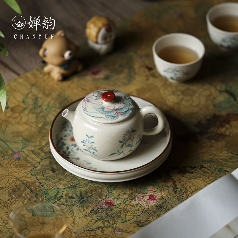 婵韵拙溪蝴蝶恋花茶壶茶杯套组一壶两杯手绘复古家用茶具小田甄选