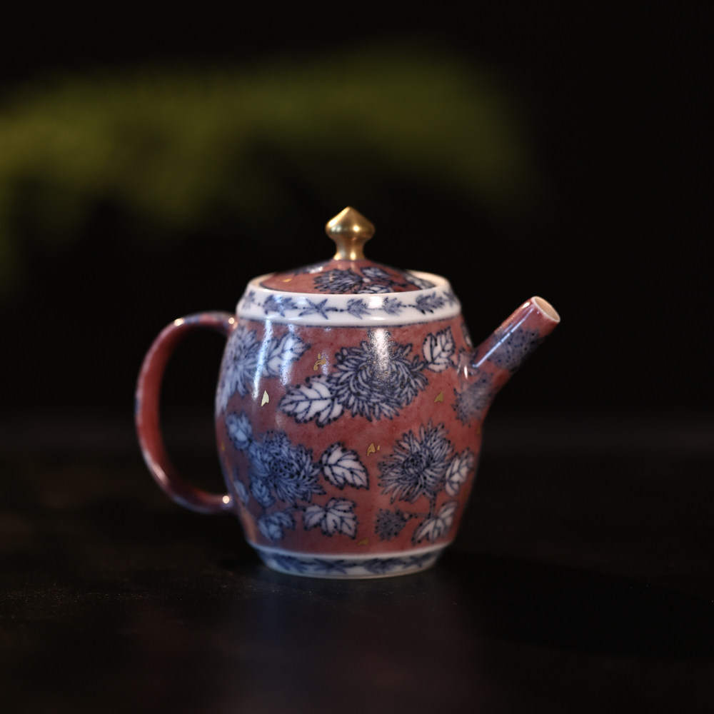 南山雪堂茶具菊花釉里红地小鼓壶