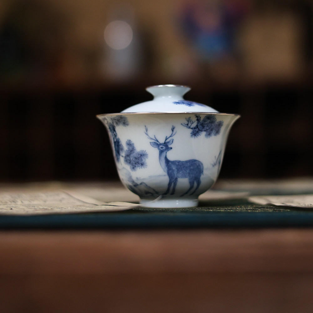 云由山坊青花鹿诗文包银口盖碗
