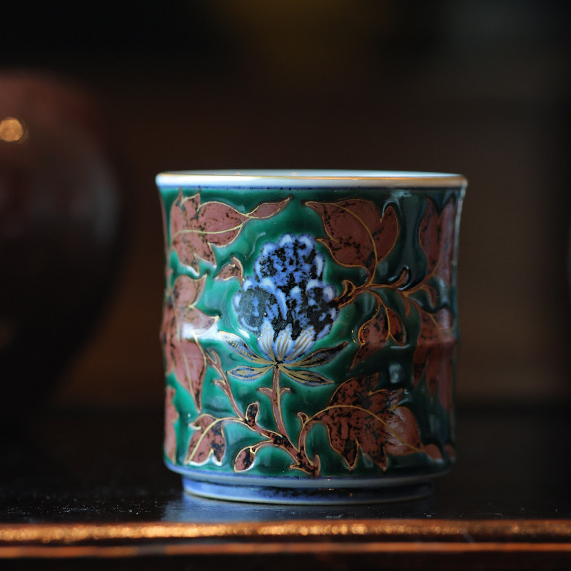 畅怀堂茶具晓然绿牡丹纹竹节杯