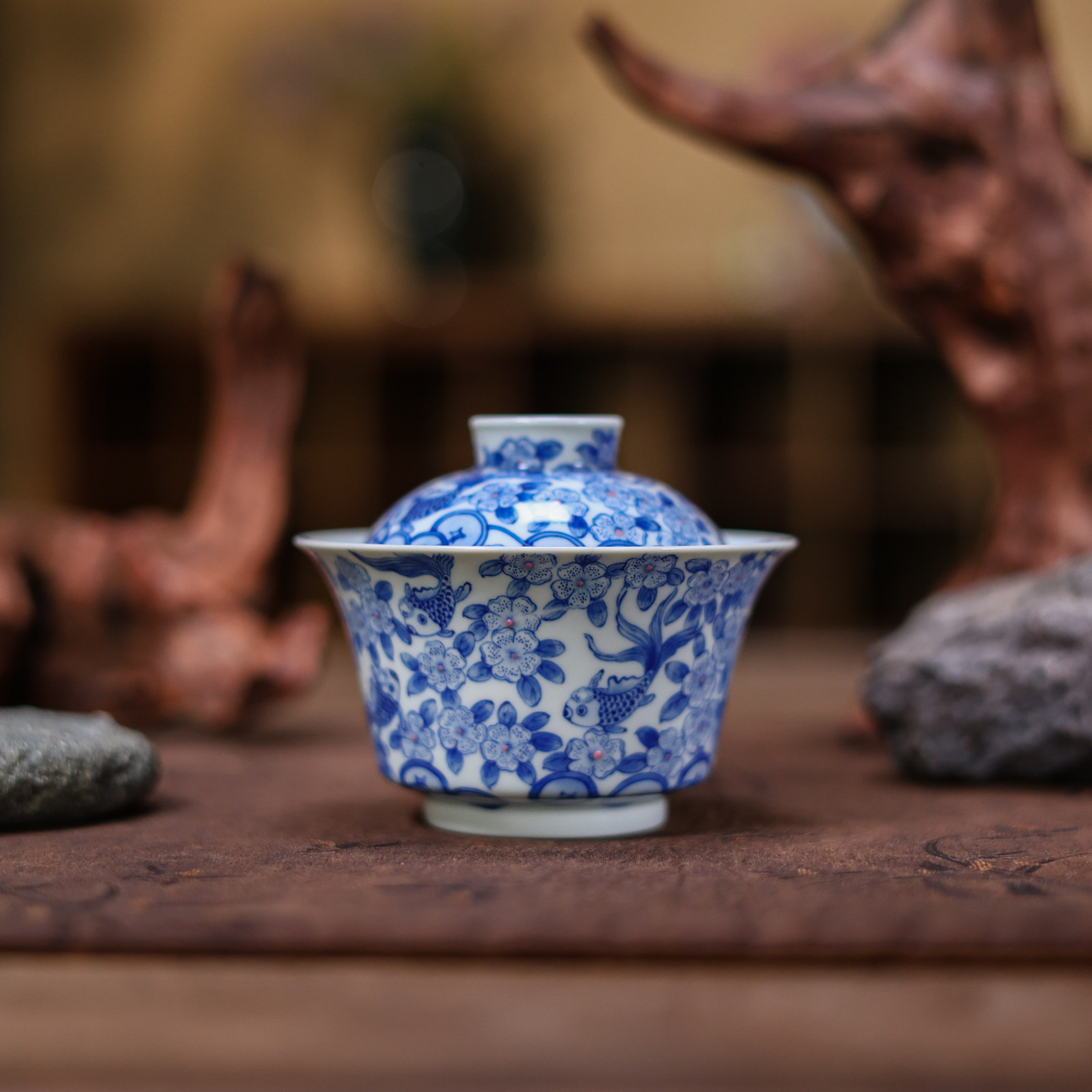 青樵轩茶具青花年年有余盖碗茶杯