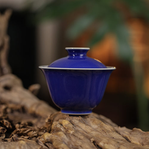 慢叩柴窑茶具祭蓝内绘小菊花盖碗