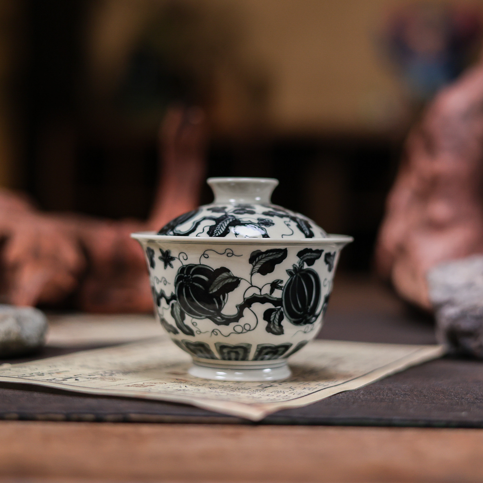 墨冉青花茶具缠枝莲南瓜盖碗茶杯