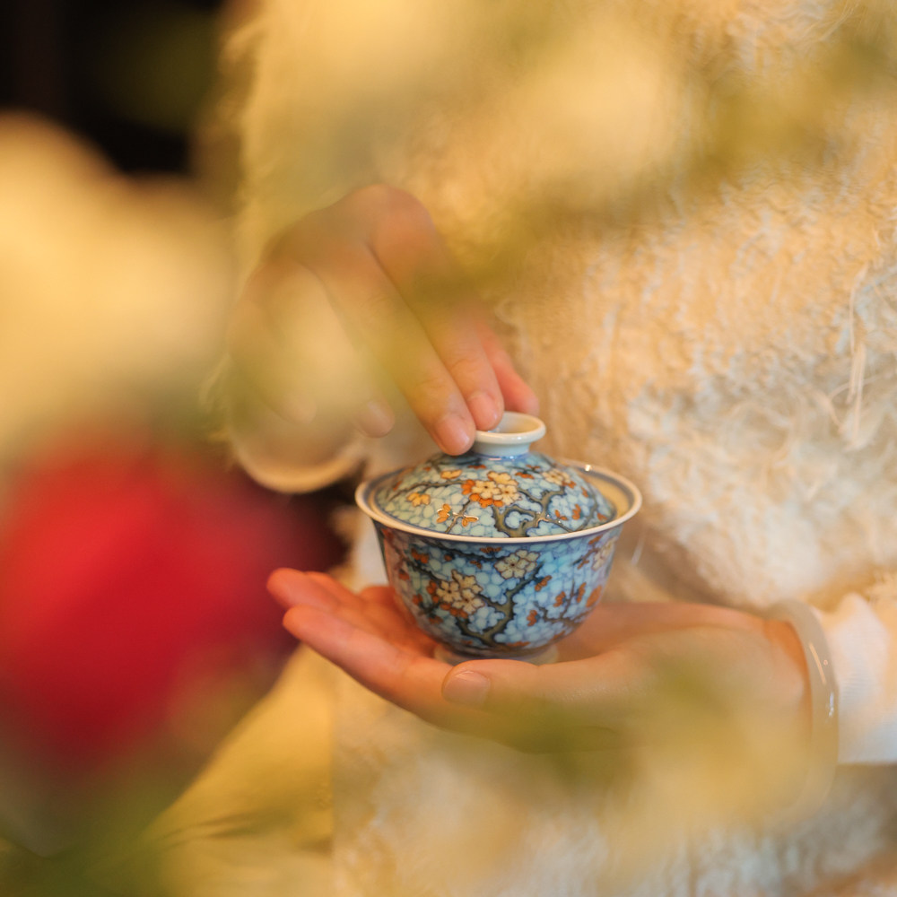 玗琪轩斗彩湖水绿冰梅盖碗茶杯