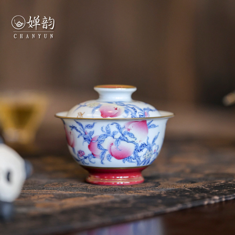 华隐堂玫瑰红青花斗彩寿桃盖碗