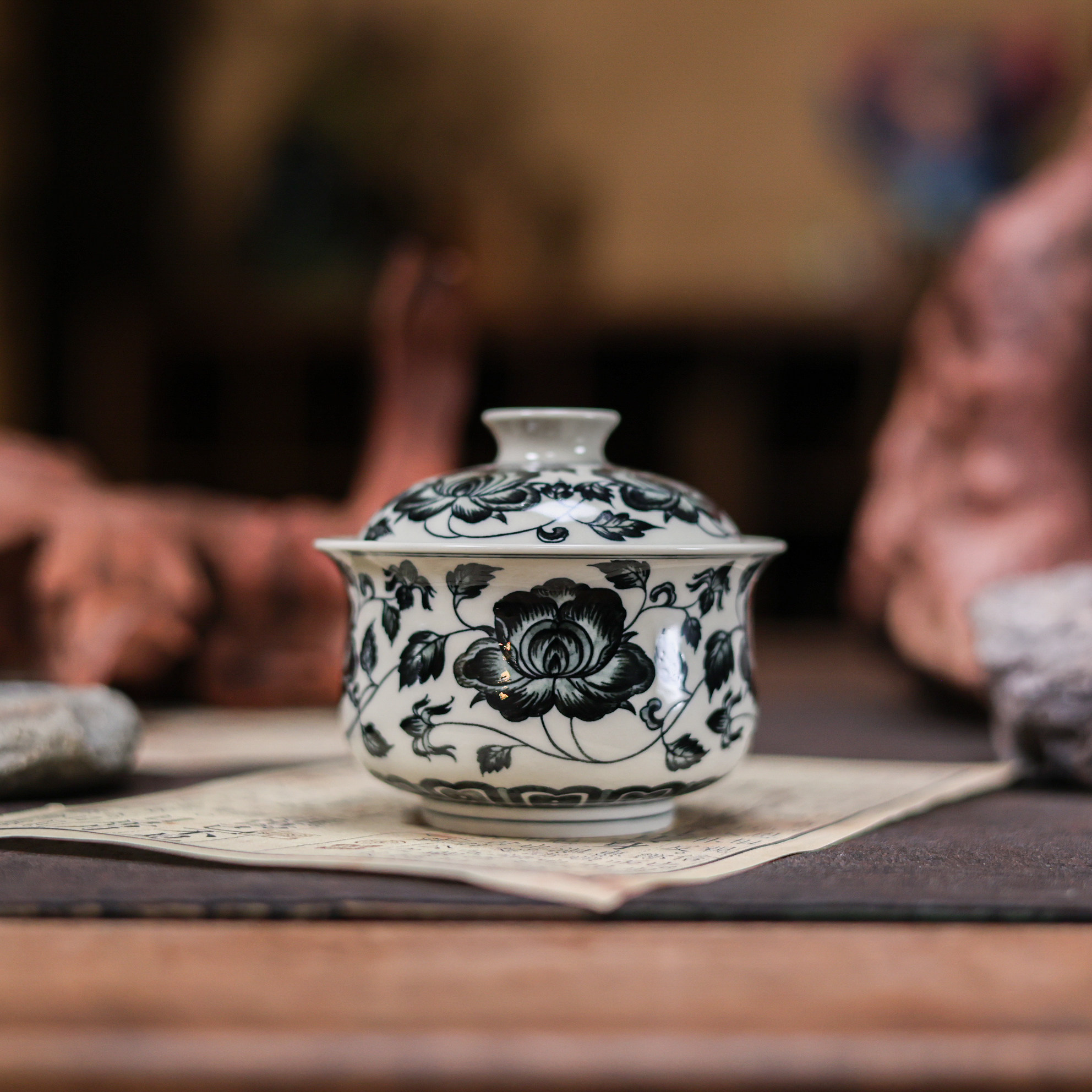 墨冉青花茶具缠枝莲牡丹盖碗茶杯