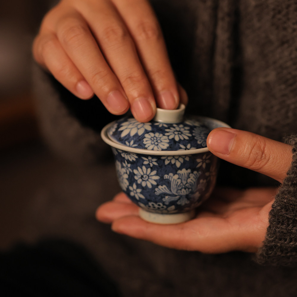 婵韵 翁宿茶具青花洒蓝万花盖碗单个手绘复古家用景德镇高档茶具