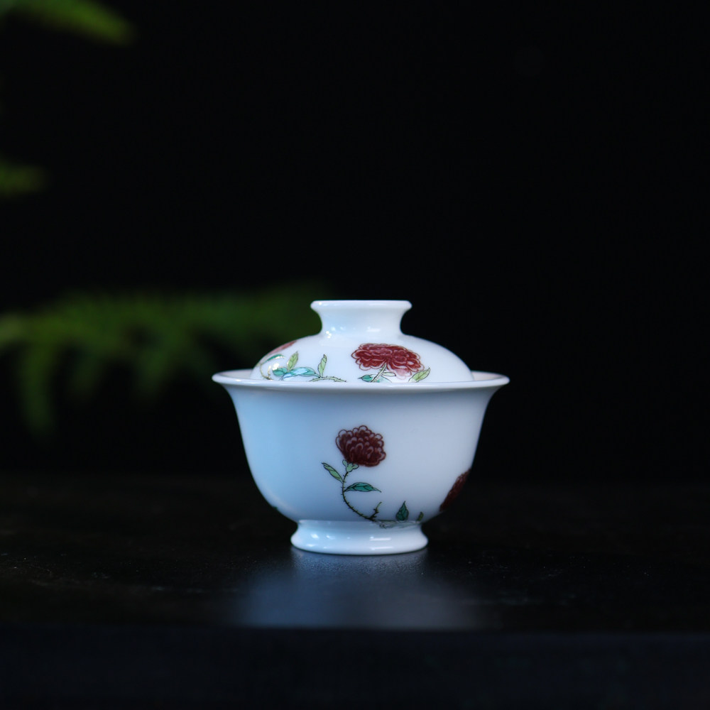 勤义堂茶具釉里红粉彩蔷薇盖碗
