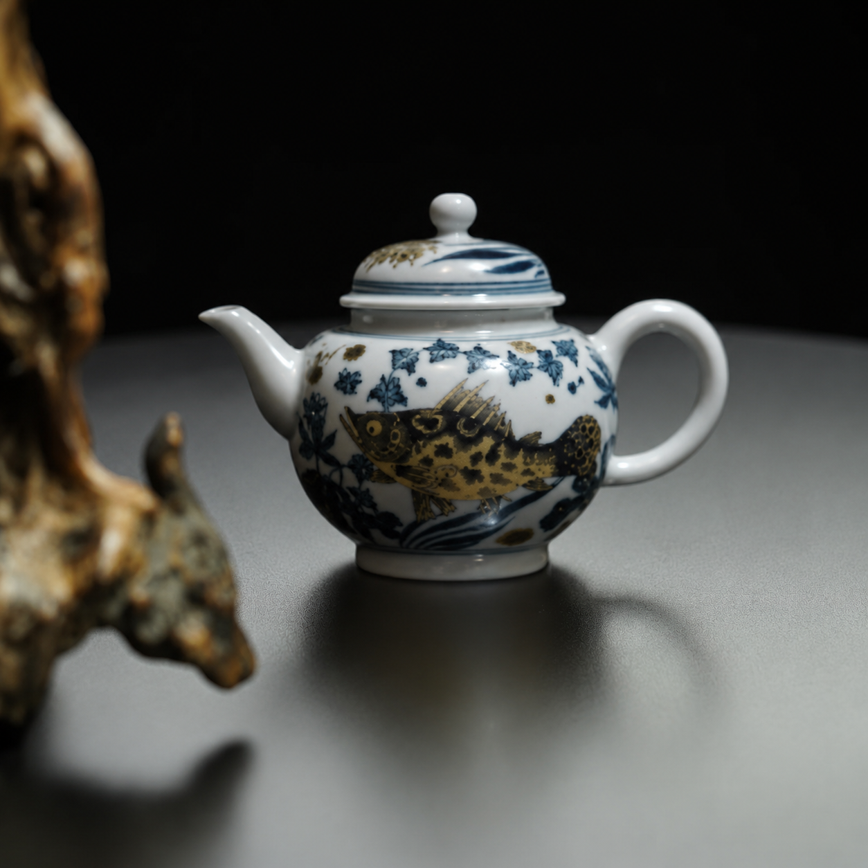 一生一物茶具青花海藻鱼金银鱼壶