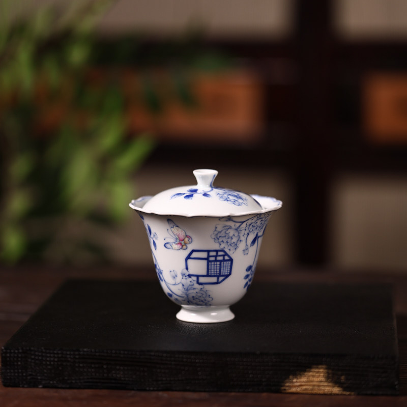 青樵轩茶具飞花蝶舞蝴蝶花边盖碗