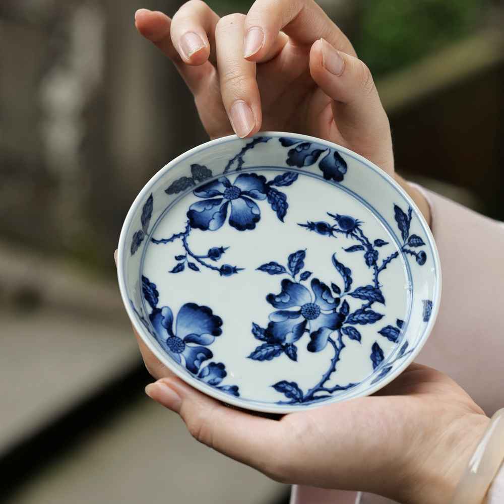 婵韵慢叩柴窑青花蔷薇花壶承茶承