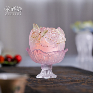 婵韵心缘堂琉璃十二花神蝶恋花烛台渐变粉紫香炉氛围灯茶桌摆件