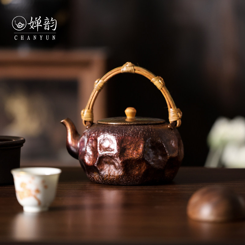 朴意凡器紫竹把手紫铜锤纹煮茶壶