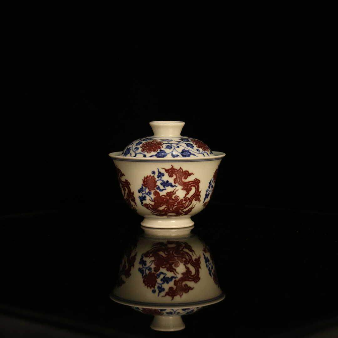 逸古堂茶具青花釉里红香草龙盖碗