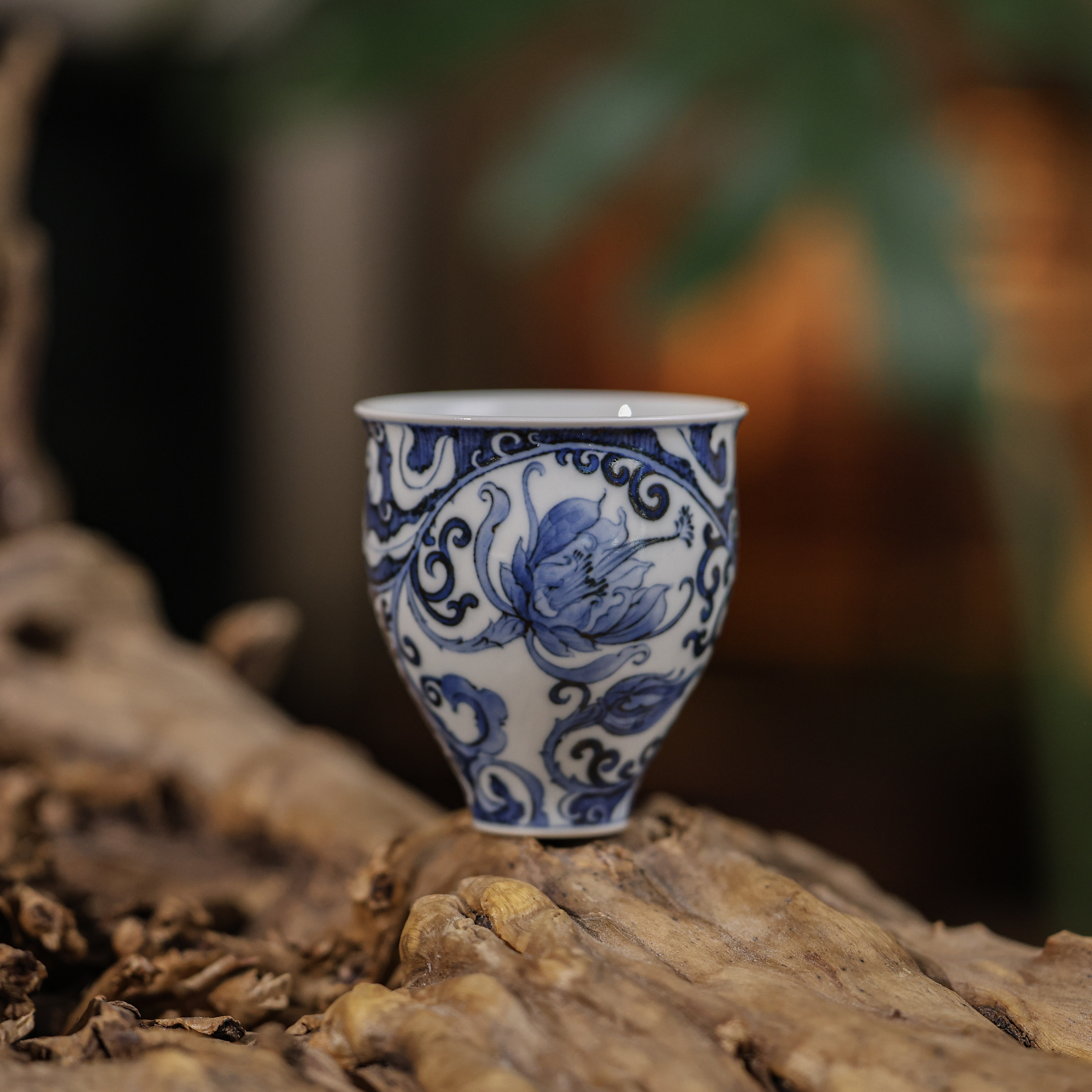 慢叩茶具柴窑青花月下美人爱心杯
