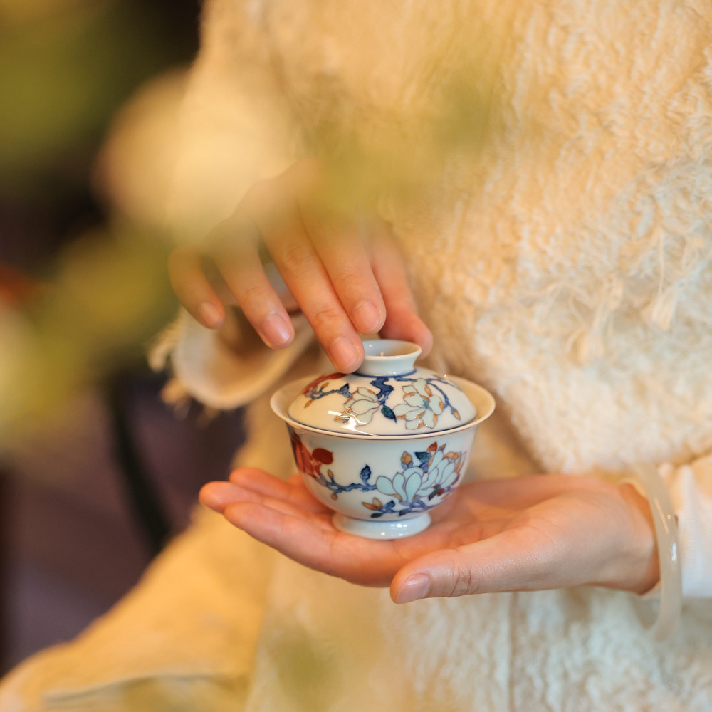 玗琪轩茶具彩绘斗彩玉兰花盖碗