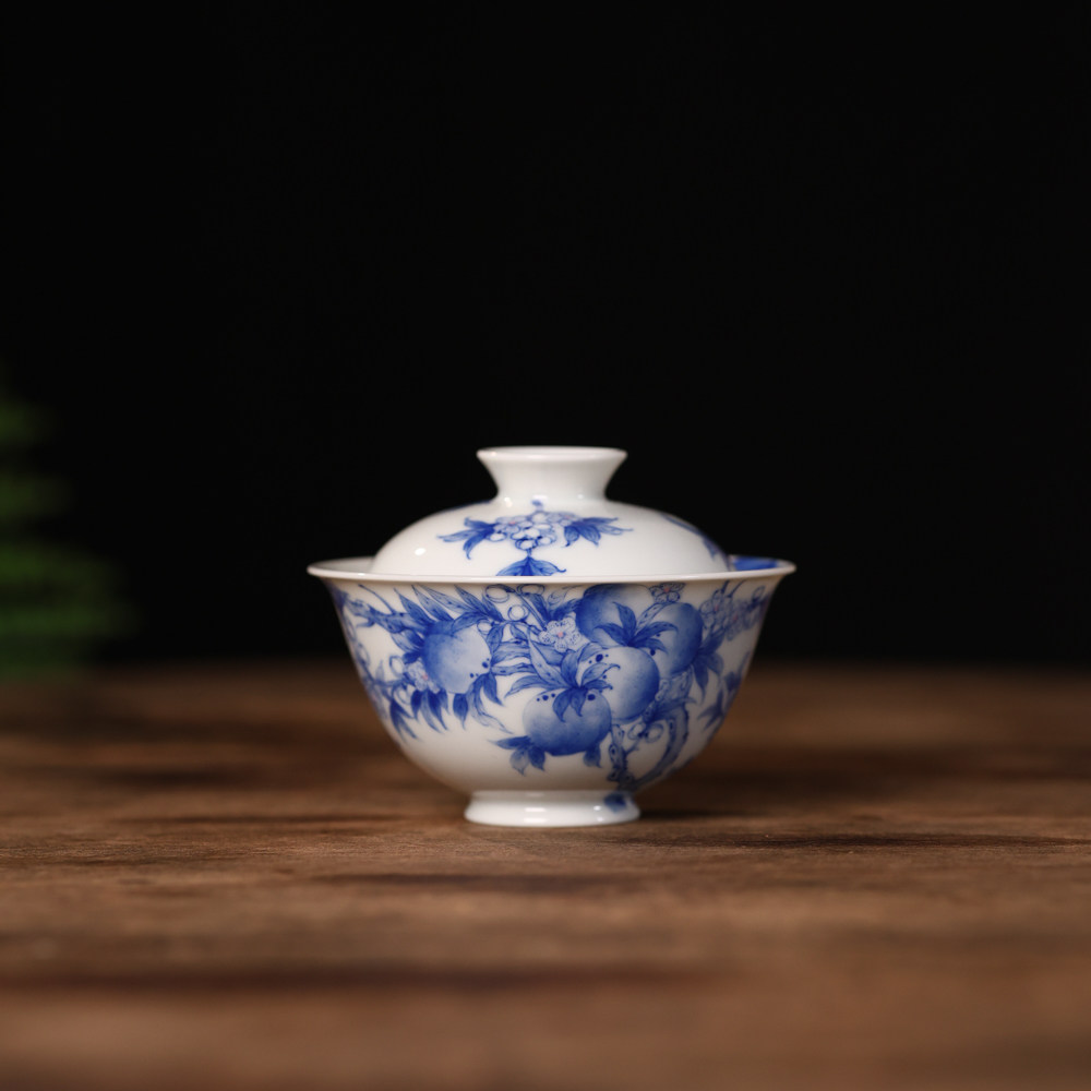 婵韵青樵轩茶具青花寿桃九桃盖碗