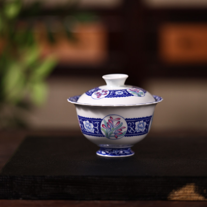 婵韵青樵轩茶具梅兰竹菊四君子开窗斗彩盖碗单个手绘复古家用茶具