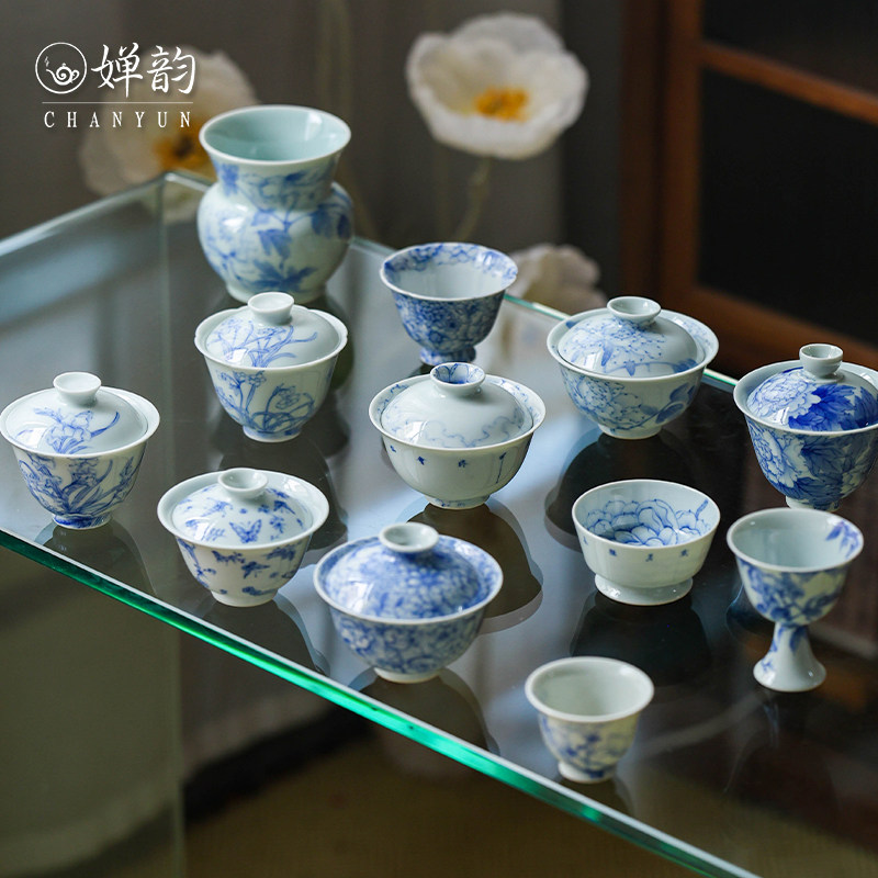 婵韵青樵轩万花水仙牡丹花开灿烂蝴蝶盖碗茶杯手绘青花家用茶具